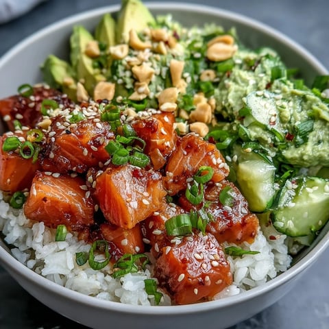 Fresh, marinated salmon cubes and creamy avocado slices rest on sushi rice in a vibrant Avocado Salmon Bowl, garnished with chopped peanuts and chili oil.
