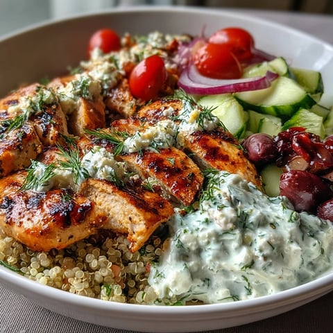 Freshly grilled lemon-herb chicken slices rest over fluffy quinoa, topped with crisp cucumber, cherry tomatoes, and a dollop of creamy tzatziki.