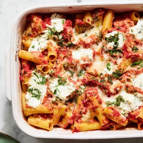 A close-up of cheesy, steaming One-Dish Baked Ziti, showcasing layers of pasta and creamy ricotta.