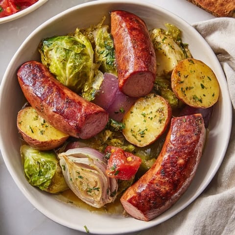 Sizzling All-in-One Pan Sausage and Cabbage Bake, with tender cabbage and savory, browned potatoes.