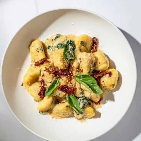 This creamy Tuscan gnocchi dish features a rich Parmesan sauce and wilted spinach for a hearty dinner.