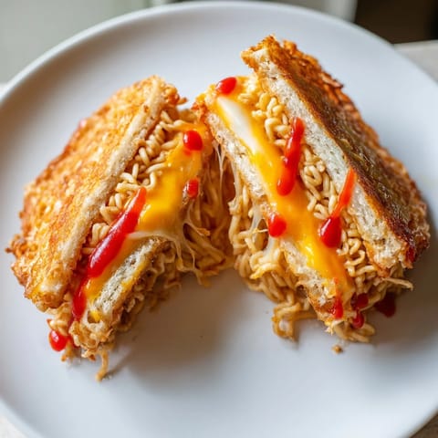 Mouthwatering, close-up shot of an Instant Ramen Grilled Cheese, a unique comfort food hybrid.