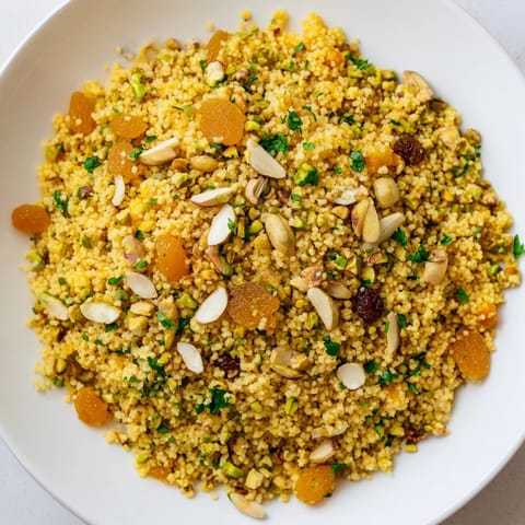 A serving of spiced couscous pilaf with chopped pistachios and mint on a rustic plate, lemon wedges on the side.  