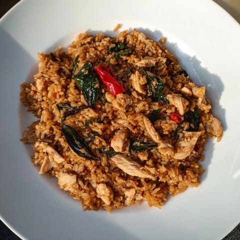 Golden Thai Basil Chicken Fried Rice served in a wok with lime wedges and sliced cucumber on the side.