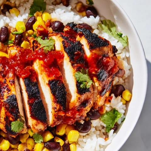 Spicy chicken burrito bowl featuring charred grilled chicken, tender rice, vibrant corn, black beans, and zesty salsa, ready to serve for a satisfying Tex-Mex meal.
