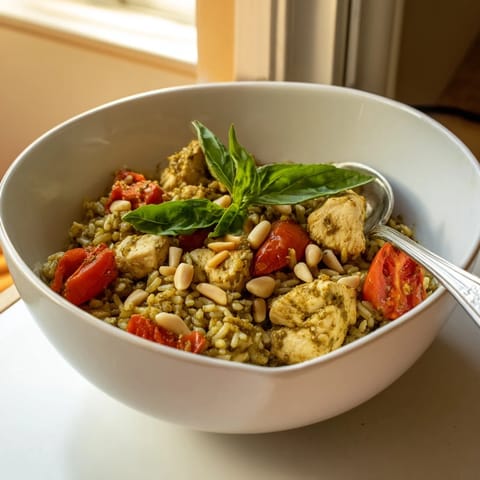 A vibrant bowl of Chicken Pesto Rice Bowl featuring juicy tomato chunks, fresh basil, and toasted pine nuts on warm rice.