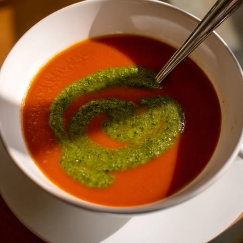 Tomato soup with basil pesto swirl served alongside a grilled cheese sandwich.  