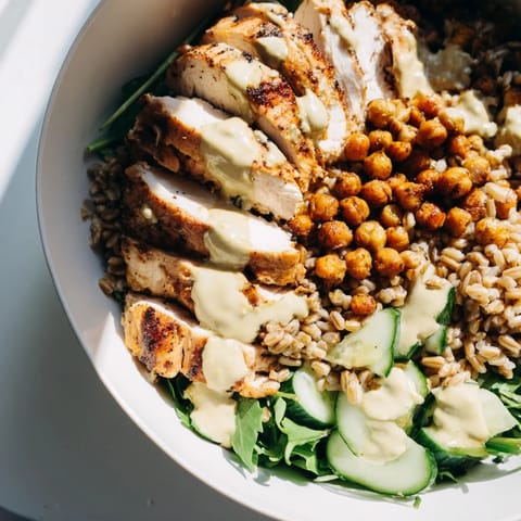A nourishing bowl of Lemon Tahini Chicken Power Bowl with golden chicken, hearty greens, and a drizzle of zesty tahini sauce.