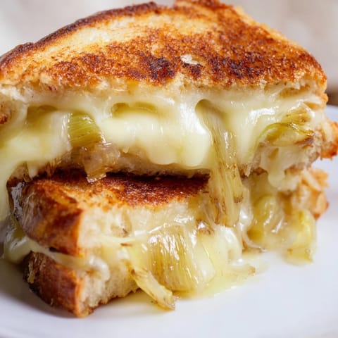 Savory Havarti & Caramelized Leek Grilled Cheese served on a plate, paired with a green salad for a balanced lunch.