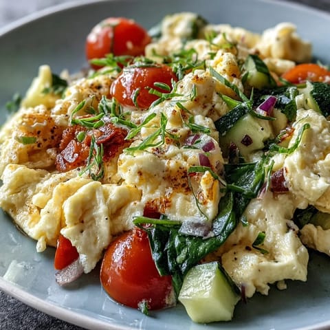 Fluffy egg and vegetable scramble filled with bright, sautéed garden goodness.