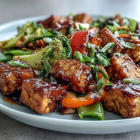 Sizzling Vegetable Tempeh Stir-Fry in a wok, featuring crisp sugar snap peas and tender broccoli florets glistening with savory glaze.