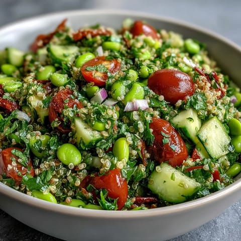 Vibrant Edamame and Quinoa Salad glistening with zesty citrus dressing.