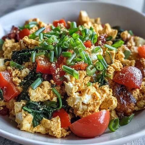 Crumbled tofu scrambled with turmeric, cumin, and black salt, served with avocado toast for a hearty vegan breakfast.