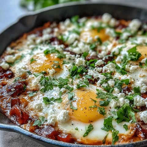 A close-up view of shakshuka shows runny egg yolks in a rich tomato-pepper sauce, ready to be scooped up with crusty bread.