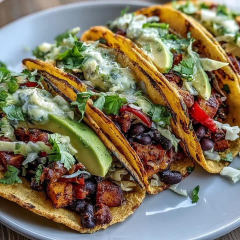 Hearty roasted sweet potato and black bean tacos, ready to be topped and enjoyed.