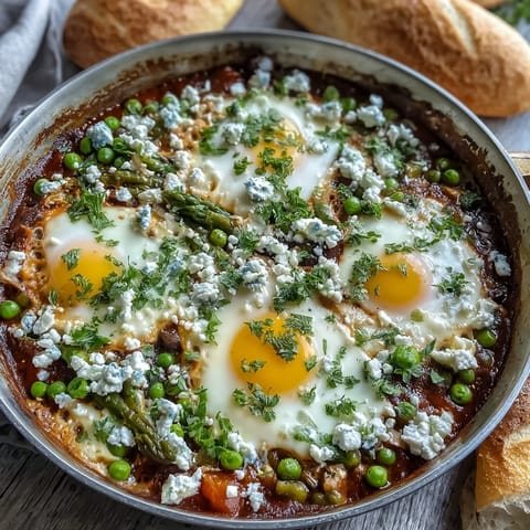 A close-up of Pea and Broad Bean Shakshuka featuring asparagus and peas nestled in a spiced tomato sauce, ready to scoop with bread.