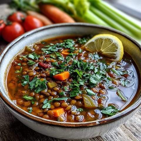 A warm bowl of Tomato Lentil Soup garnished with herbs, ready to serve with crusty bread.