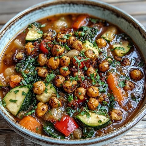 Spiced Chickpea and Vegetable Soup served in a rustic bowl, topped with fresh cilantro and a lemon wedge on the side. 