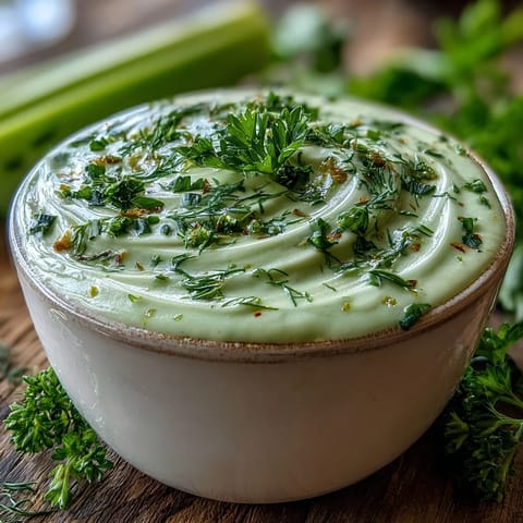 Creamy Celery and Herb Soup simmering in a pot with fresh herbs and celery.