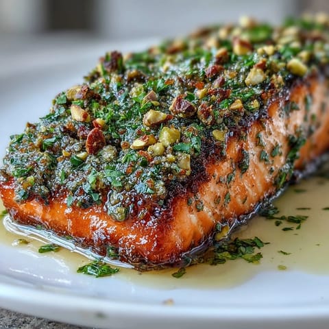 A close-up of Confit Salmon With Tahini, Pistachio and Herb Crust reveals a thick, textured green crust and tender pink flakes.