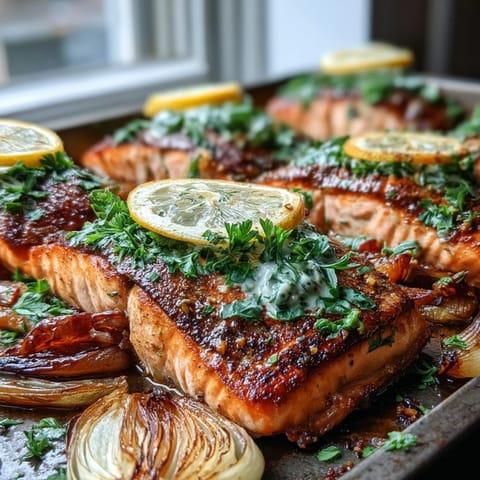 Freshly baked One-Pan Roast Salmon with Leeks, Onions, and Parsley Dressing served hot from the oven with lemon slices.