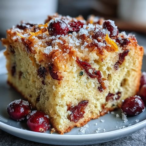 A close-up slice of Cranberry Orange Breakfast Cake shows moist layers studded with orange zest and tart cranberries, perfect for a cozy brunch table.
