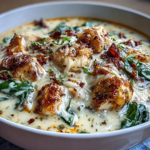 Golden chicken and wilted spinach swimming in a creamy garlic Parmesan broth, ready to be served with crusty bread alongside.