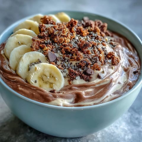 A creamy, chocolatey Chunky Monkey Smoothie Bowl topped with crunchy granola and sliced bananas for breakfast.