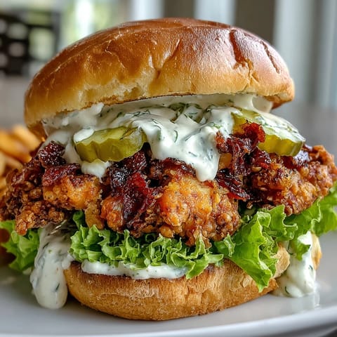 Crispy golden fried chicken on a toasted brioche bun, drizzled with creamy homemade spicy sauce.