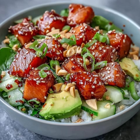 A close-up view of an Avocado Salmon Bowl, featuring seasoned sushi rice topped with glazed salmon, avocado, cucumber, and a drizzle of spicy chili oil.