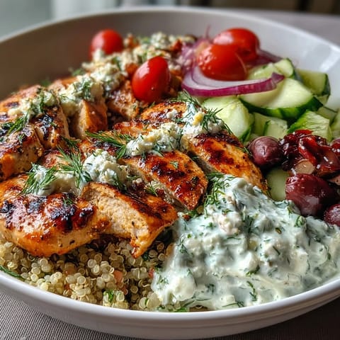 Freshly grilled lemon-herb chicken slices rest over fluffy quinoa, topped with crisp cucumber, cherry tomatoes, and a dollop of creamy tzatziki.