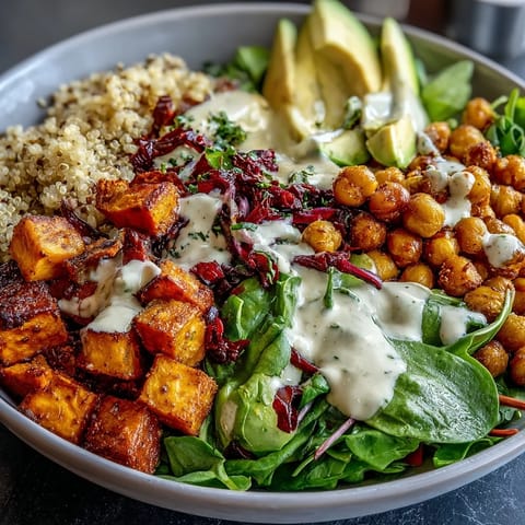 This Buddha Bowl features fluffy quinoa topped with caramelized roasted sweet potatoes, crunchy chickpeas, fresh veggies, and creamy garlic tahini dressing.