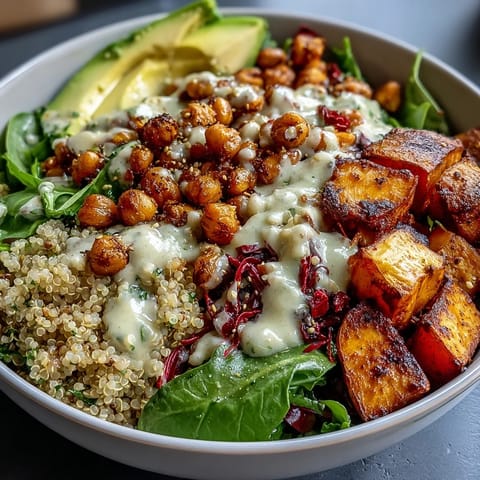 A close-up of a nourishing Buddha Bowl with roasted sweet potatoes, crispy chickpeas, and vibrant fresh vegetables drizzled with creamy garlic tahini.