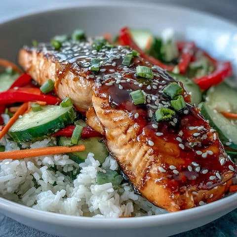 Flaky soy-ginger glazed salmon sits on fluffy jasmine rice, surrounded by vibrant julienned carrots and cucumbers.