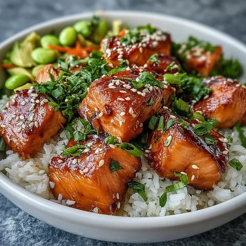 Brightly colored baked salmon rice bowl with fluffy white rice, crisp cucumbers, shredded carrots, and creamy avocado slices.