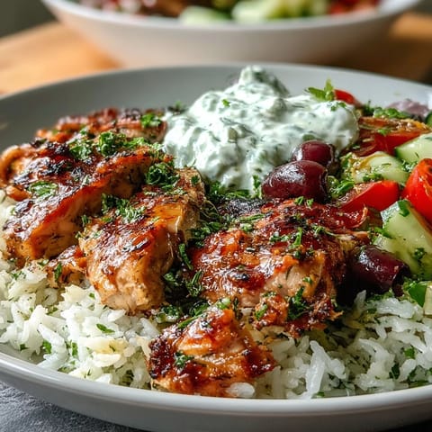 Juicy Greek-seasoned chicken slices rest on herbed rice beside a crisp tomato-cucumber salad, topped with creamy tzatziki sauce and briny Kalamata olives.