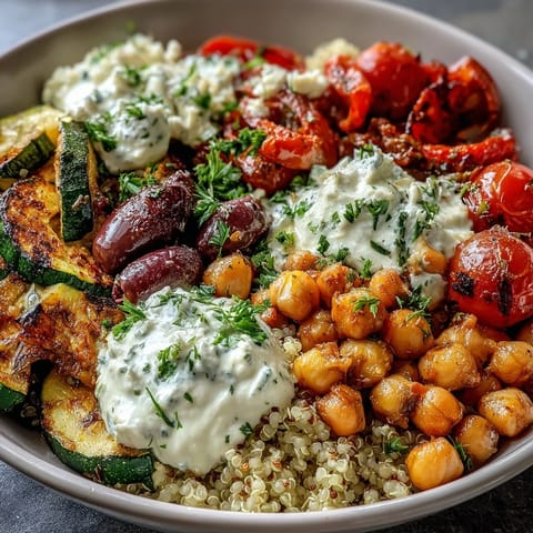 Golden roasted vegetables like zucchini and bell peppers sit atop fluffy quinoa in this vibrant Mediterranean Buddha Bowl, with creamy hummus and tangy feta.