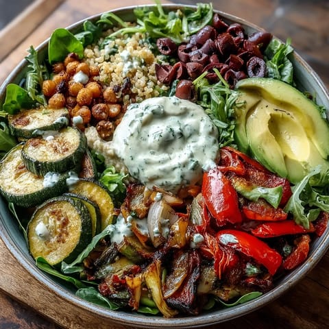 Colorful Vegan Mediterranean Buddha Bowl filled with roasted zucchini, bell peppers, chickpeas, avocado, olives, hummus, and drizzled with creamy tahini dressing.