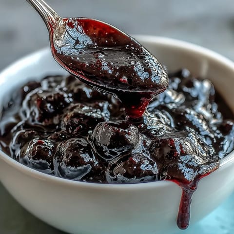Glossy Black Currant Glaze brushed over a baked ham, with fresh thyme and a serving spoon nearby.