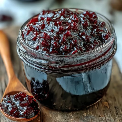 A jar of Homemade Black Currant Jam, with a spoonful of the deep purple preserve held over toast.