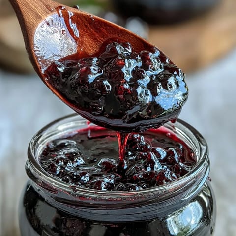 A clear jar of homemade Black Currant Jelly, its deep purple hue glistening by a window, with a spoonful ready to spread on toast.