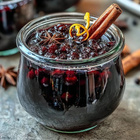 Bright red blackcurrants and cinnamon sticks steep in Homemade Spiced Blackcurrant Vodka Liqueur inside a large glass jar.