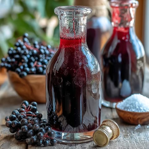 Overhead view of Easy Blackcurrant Liqueur with berries and a cocktail jigger on a rustic kitchen table.