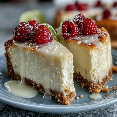 Bright and zesty lemon cheesecake filling topped with tangy lemon curd and juicy raspberries