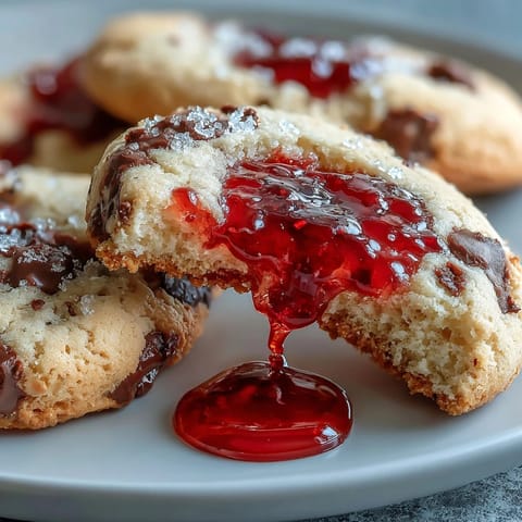Fresh strawberry jam thumbprint cookies with vibrant red filling and golden edges, perfect for afternoon tea or holiday cookie trays.