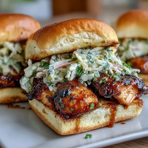 BBQ chicken sliders with coleslaw on soft slider buns, topped with tangy cabbage slaw for a festive, juicy summer bite.