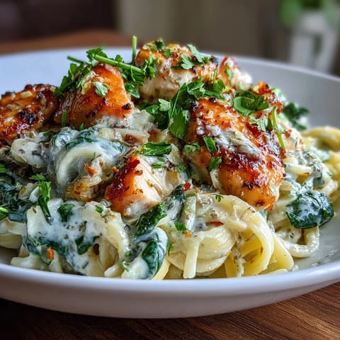 A close-up of Lemon Orzo with Chicken and Spinach, featuring tender chicken, bright lemon zest, and wilted spinach over creamy pasta.