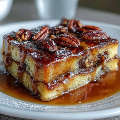 Fluffy pancake casserole baked golden with swirls of maple syrup, perfect for a cozy American breakfast.