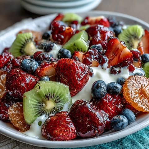 Vibrant Spring Fruit Table Platter with Dipping Yogurt Sauce, arranged with fresh berries, kiwi, and citrus slices for a colorful, healthy snack.