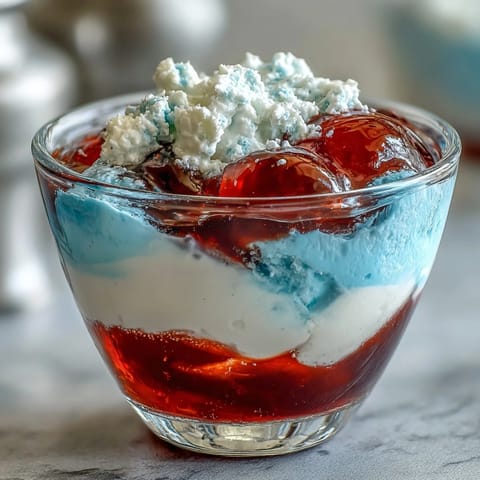 Red, White, and Blue Layered Jello Cups: vibrant striped dessert cups with patriotic red, white, and blue Jello layers, perfect for summer celebrations.